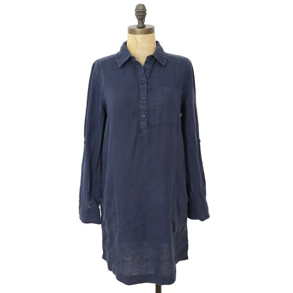 MICHAEL STARS Eleanor Utility Dress XSP Petite Woven Linen Admiral Blue NWT B25 - Picture 2 of 6